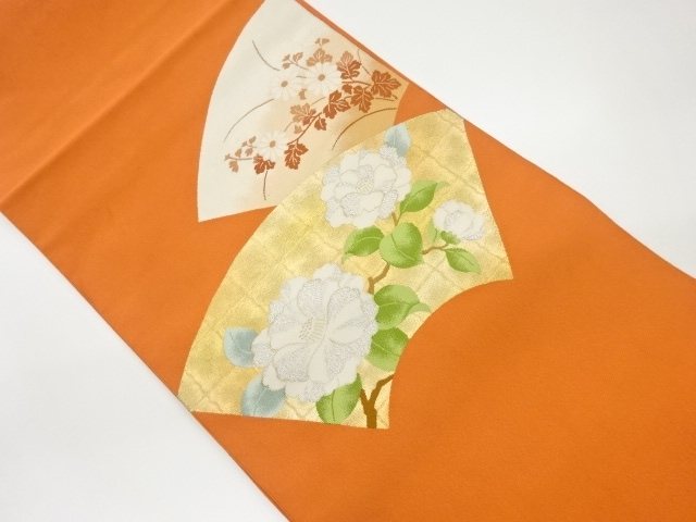 JAPANESE KIMONO / NAGOYA OBI / SILK / TSUZURE / JIGAMI & CAMELLIA & KIKU